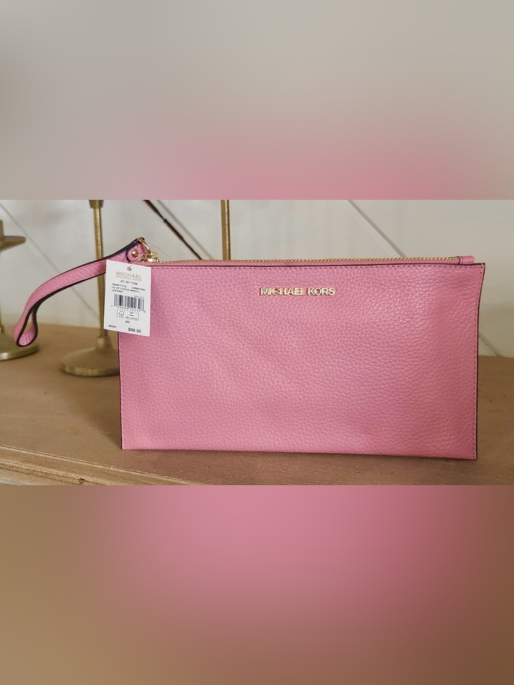 Michael Kors Jet Set Large Pink Leather Wristlet Clutch 10”W x 5.5”L, Retail $98